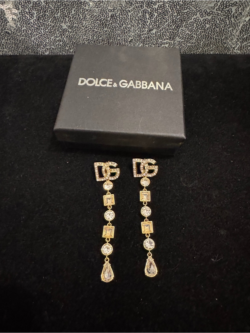 Dolce & Gabbana Gold and Clear Crystal DG Drop Earrings